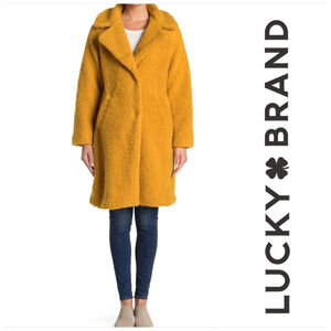 Lucky Brand Teddy Fluffy Long Notched Collar Yellow Fuzzy Cozy Coat M Jacket